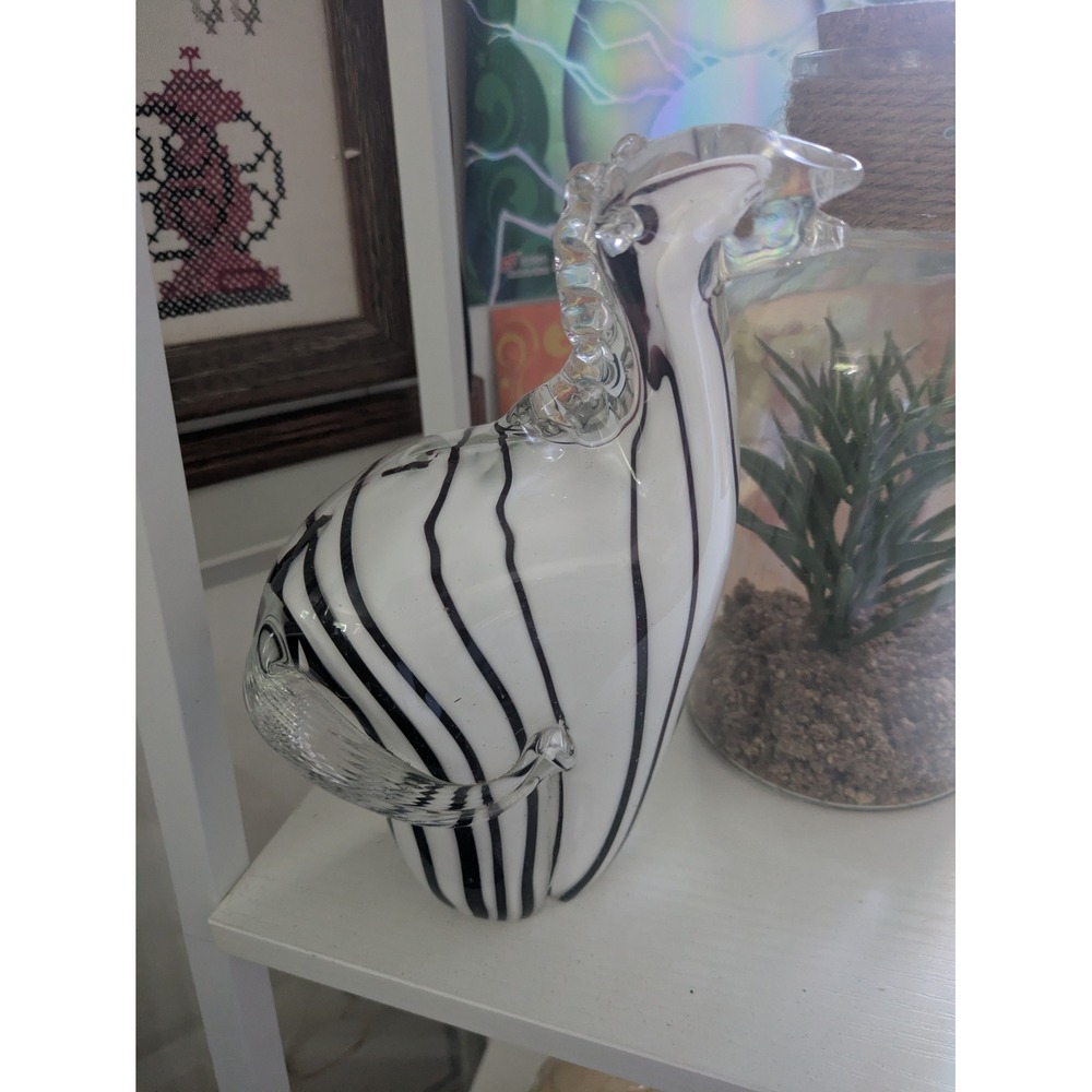Vintage Hand Blown Art Glass Zebra Figurine Black White Striped Sculpture Animal